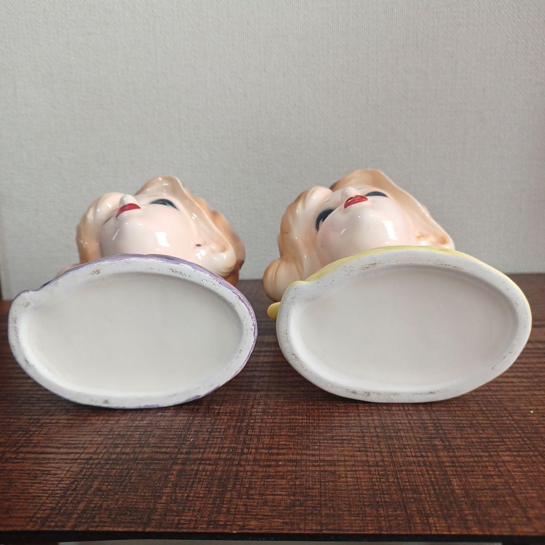 ビンテージ レディヘッドベース 陶器製置物花瓶　紫とイエローのドレス　2点セット