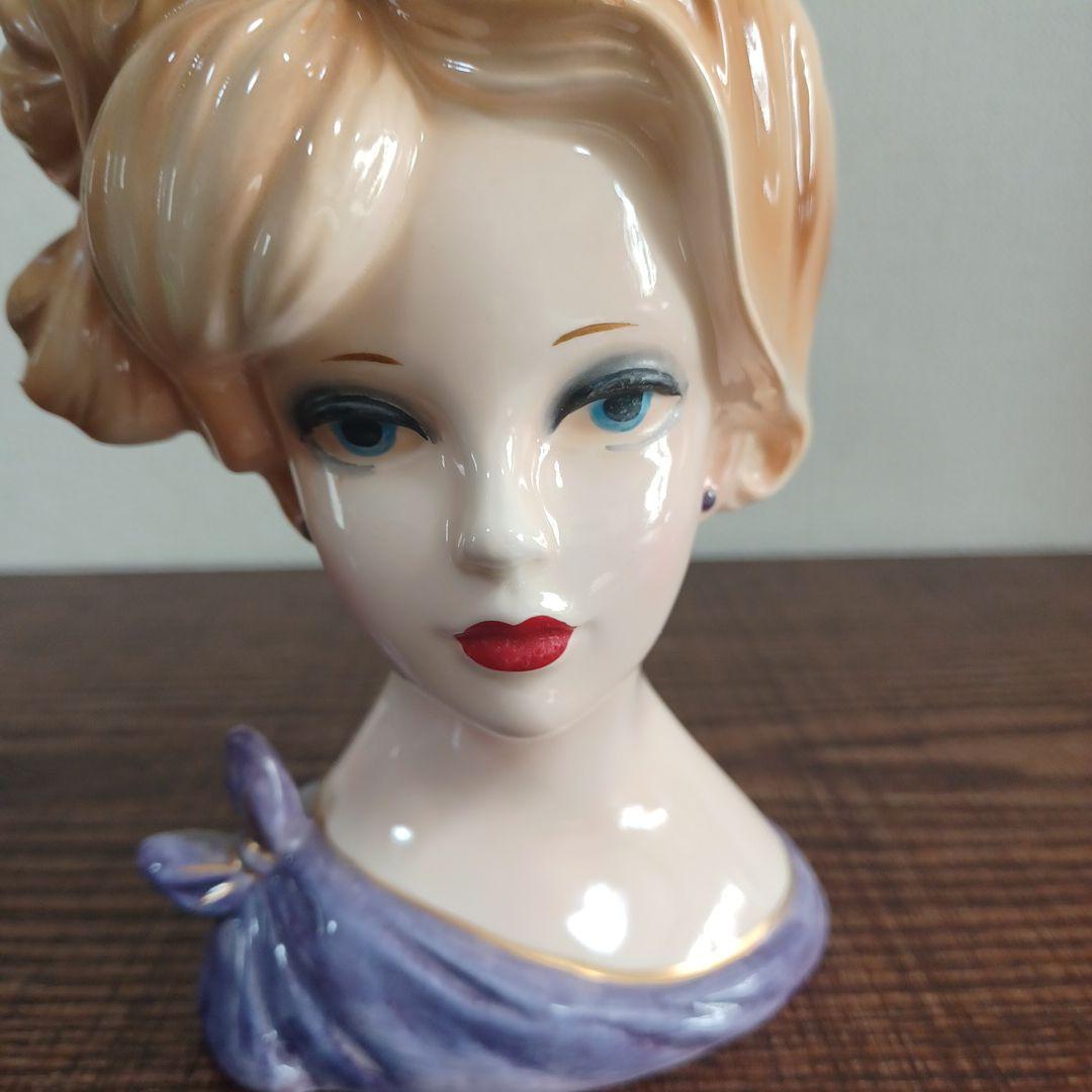 ビンテージ レディヘッドベース 陶器製置物花瓶　紫とイエローのドレス　2点セット