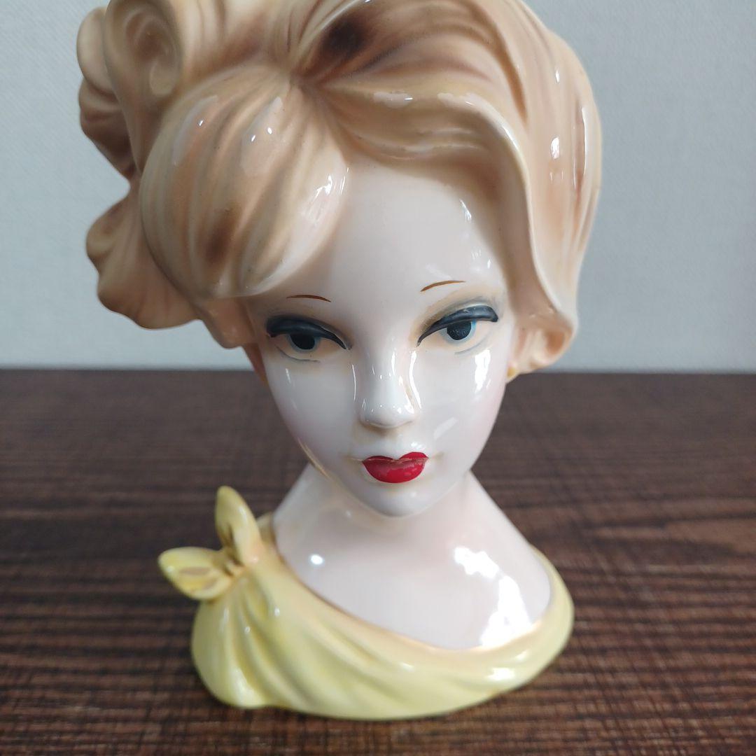 ビンテージ レディヘッドベース 陶器製置物花瓶　紫とイエローのドレス　2点セット