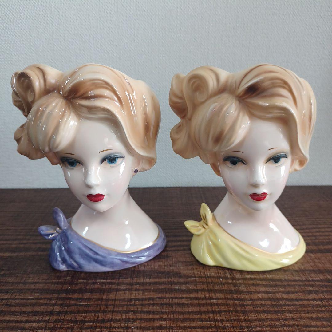 ビンテージ レディヘッドベース 陶器製置物花瓶　紫とイエローのドレス　2点セット