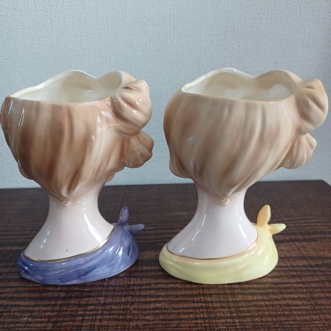 ビンテージ レディヘッドベース 陶器製置物花瓶　紫とイエローのドレス　2点セット