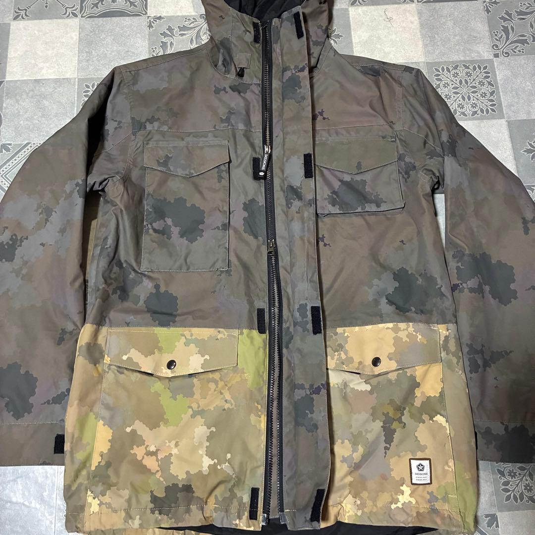 SESSIONS スノーボードジャケット 迷彩 カモフラ ドローコード ZIP