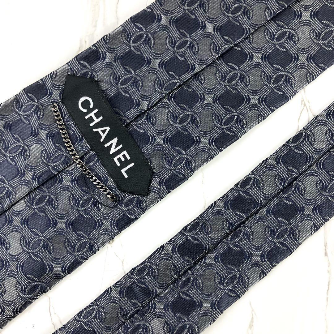 美品　シャネル　ネクタイ　ココマーク総柄　ロゴ　チェーン　ジャガード　グレー