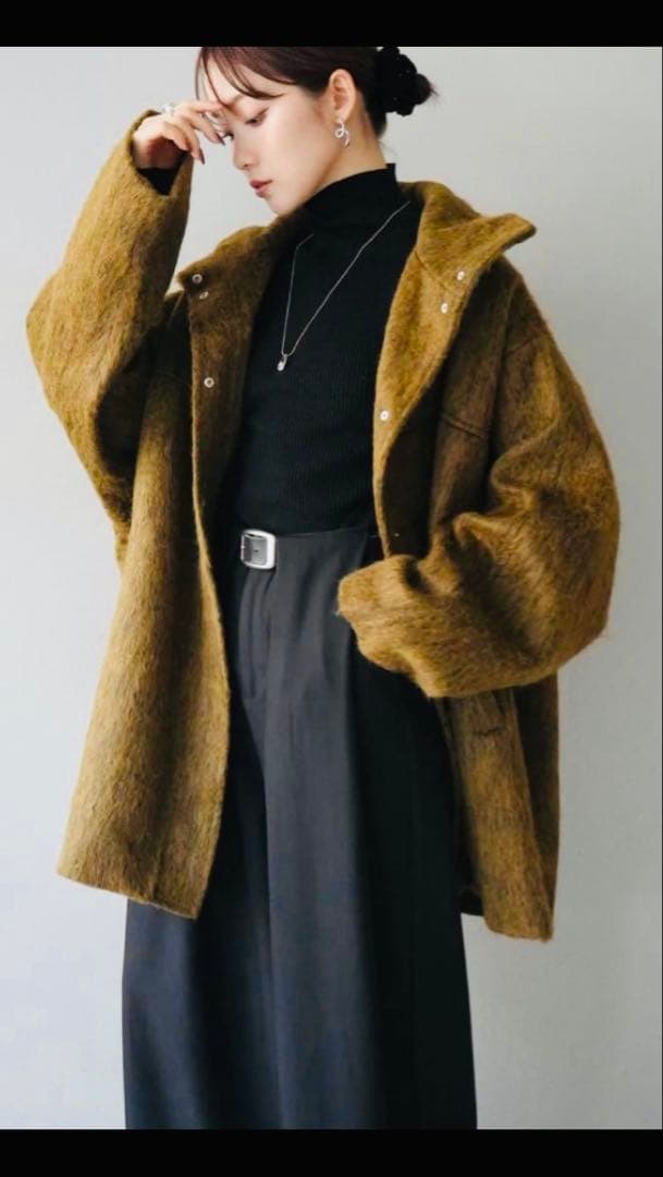 リュミエ：スタンドカラーコート：マスタード オーバーサイズ ウール混紡