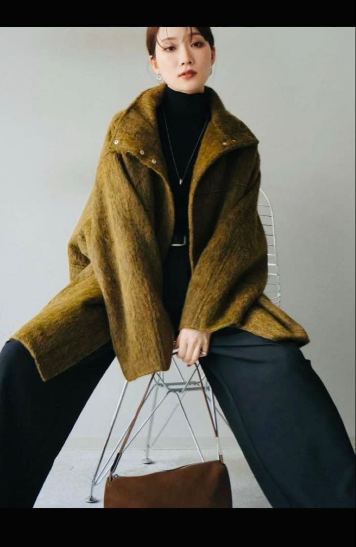 リュミエ：スタンドカラーコート：マスタード オーバーサイズ ウール混紡