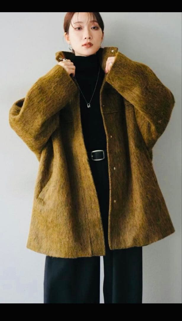 リュミエ：スタンドカラーコート：マスタード オーバーサイズ ウール混紡