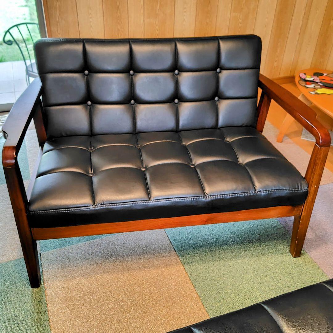 黒色合成皮革2人掛けソファ