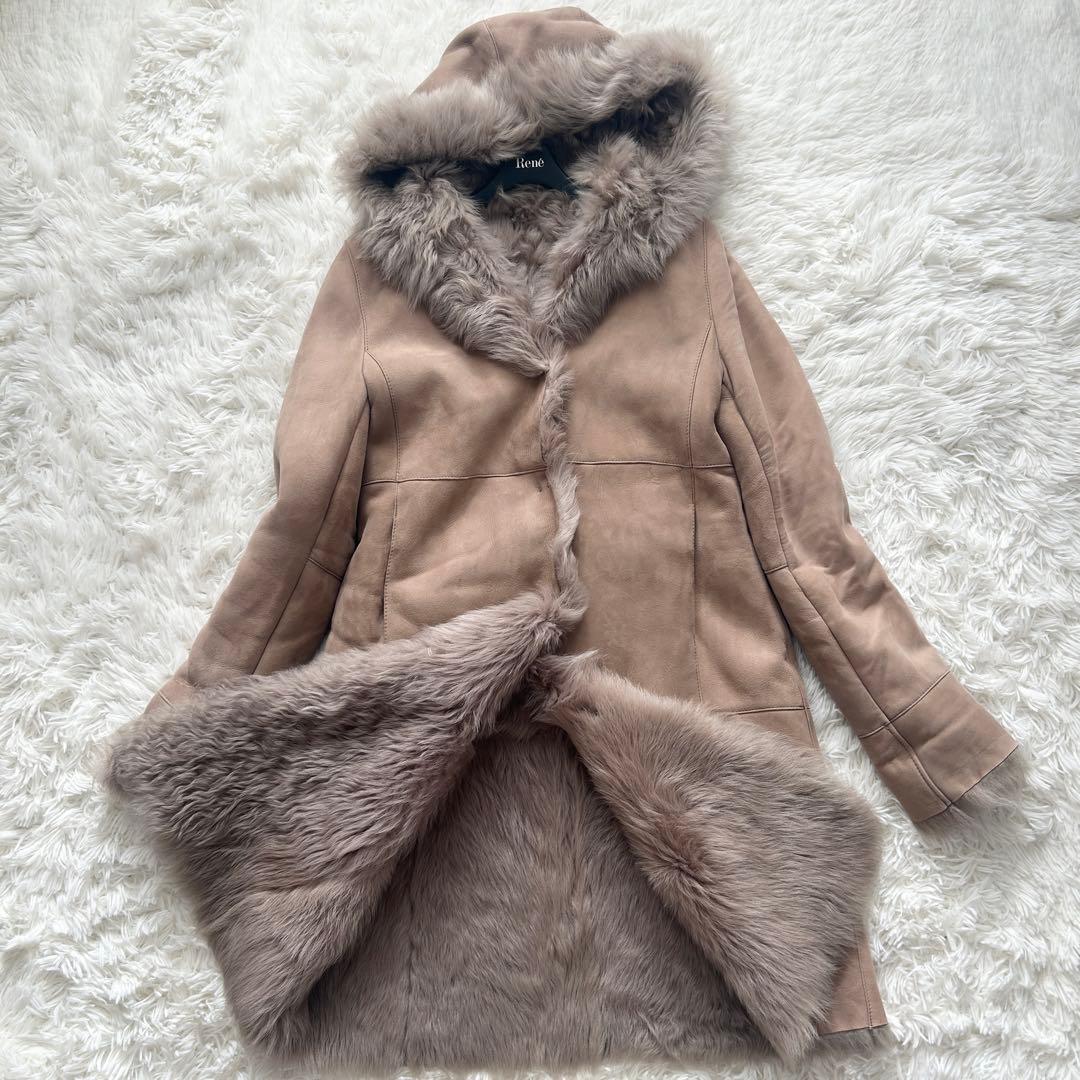 希少✨リアルムートンコート ロングコート フード レザーコート ベージュ フリー