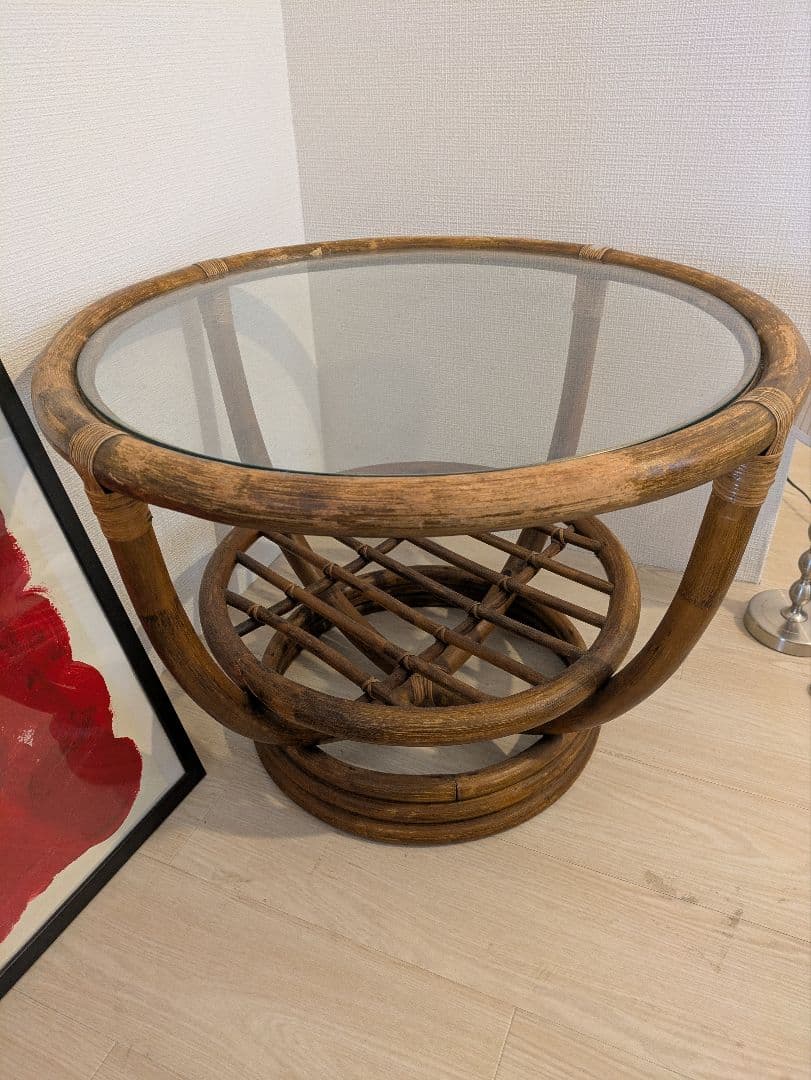 売約済:ラタン 丸テーブル ガラストップ