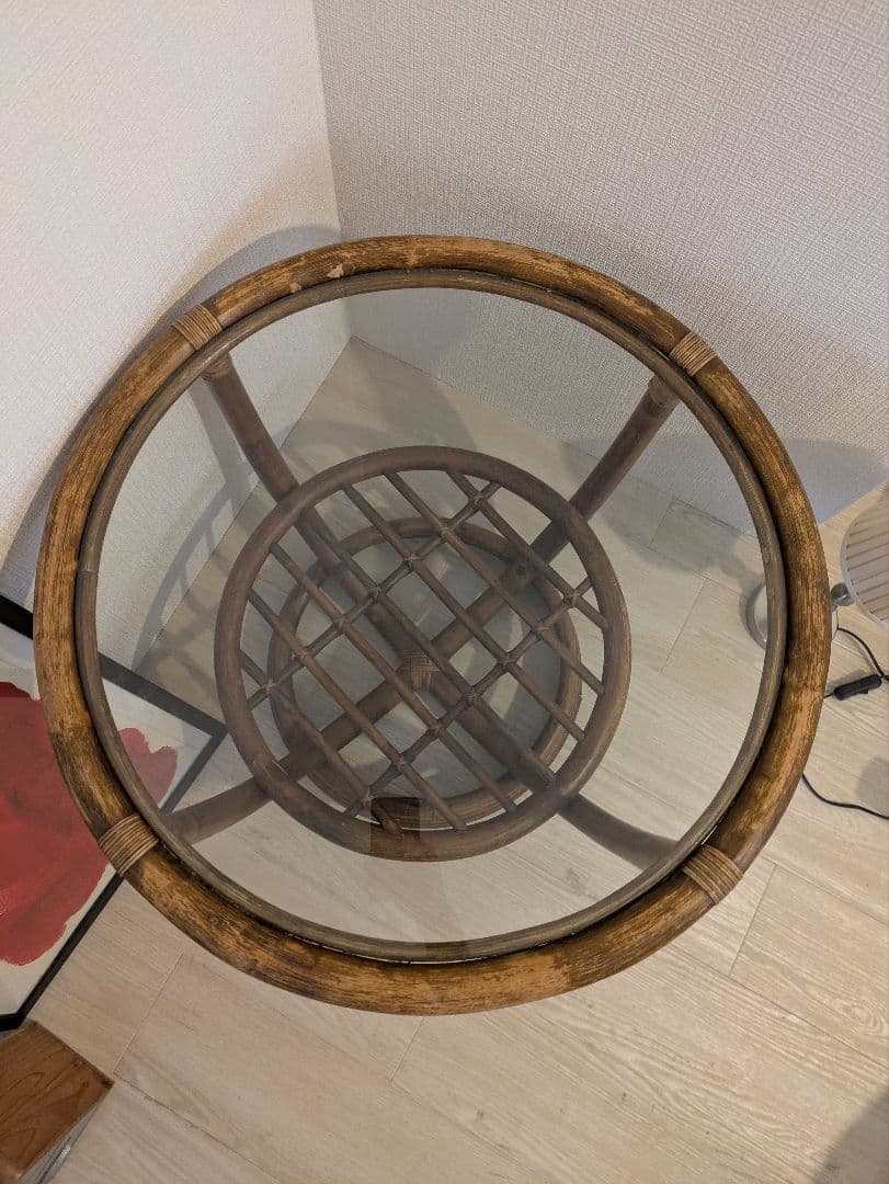 売約済:ラタン 丸テーブル ガラストップ