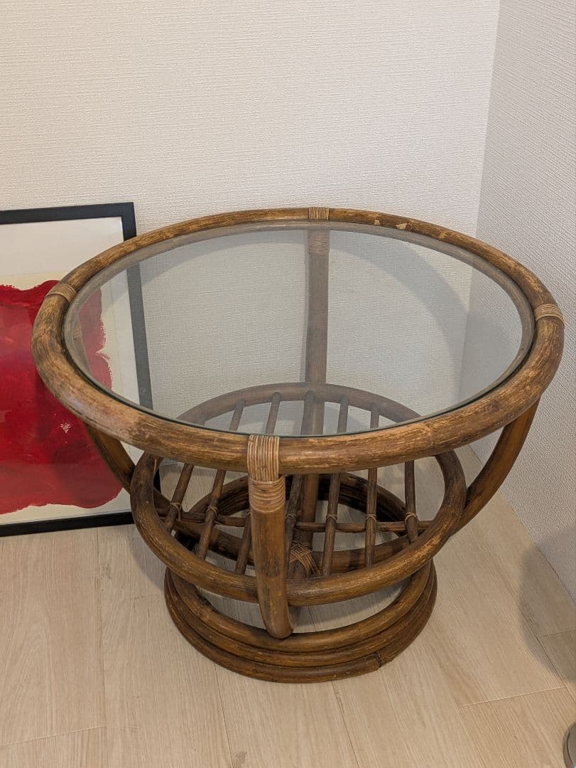 売約済:ラタン 丸テーブル ガラストップ