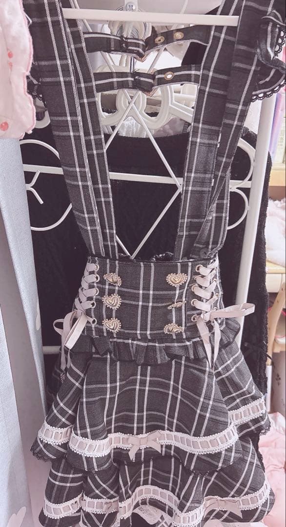 ♡ LIZLISA はしごリボンチェックティアードスカパン グレー ×ピンク