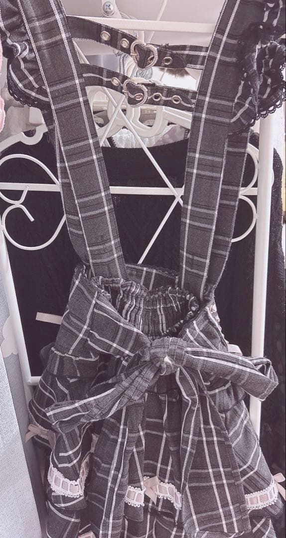 ♡ LIZLISA はしごリボンチェックティアードスカパン グレー ×ピンク