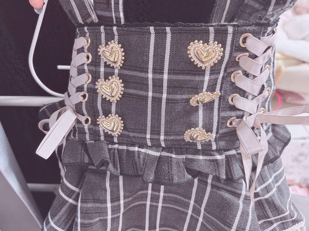 ♡ LIZLISA はしごリボンチェックティアードスカパン グレー ×ピンク