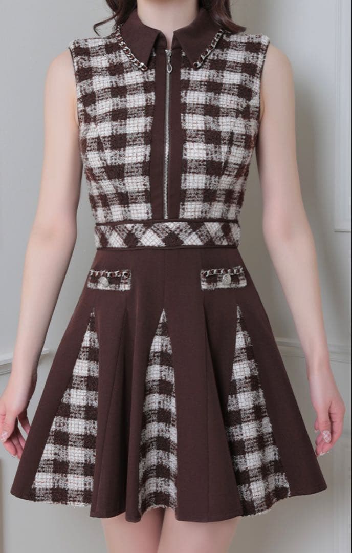 極美品！完売品！an ジップアップ　チェック　襟ノースリーブ フレアミニドレス