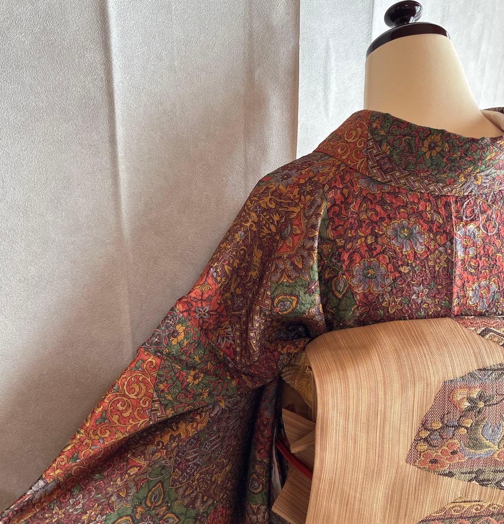 小紋　フルセット　着物　正絹　更紗　普段着物　深みカラー　大人シック　J1