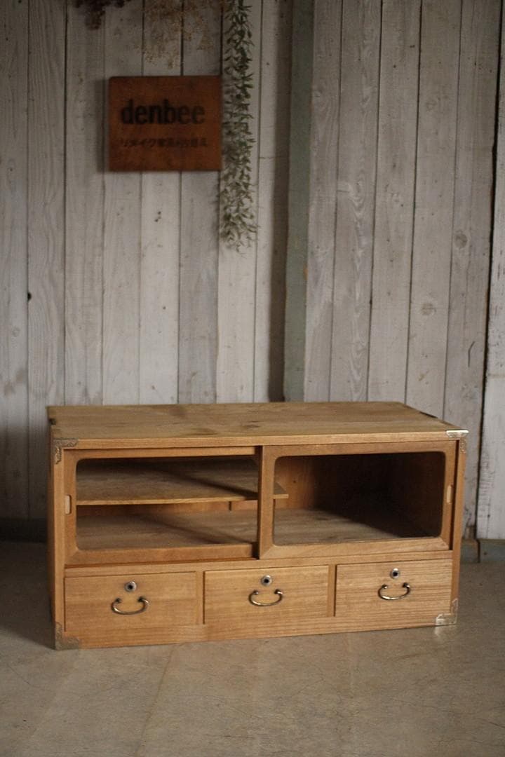 古いガラス戸棚×木製小引き出し3杯　ローチェスト　食器棚　古家具