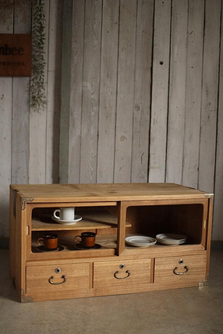 古いガラス戸棚×木製小引き出し3杯　ローチェスト　食器棚　古家具