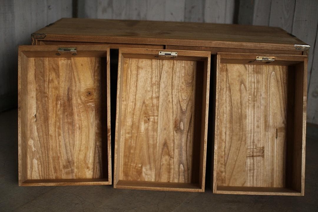 古いガラス戸棚×木製小引き出し3杯　ローチェスト　食器棚　古家具