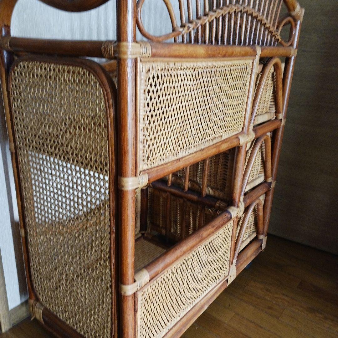 ラタン製 3段引き出しチェスト　オープンシェルフ　キャスター付き