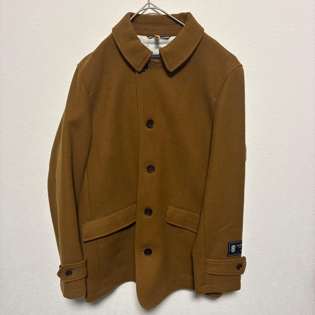 【美品】SHIPS シップス SUPER140'S ウール ピーコートキャメルＬ