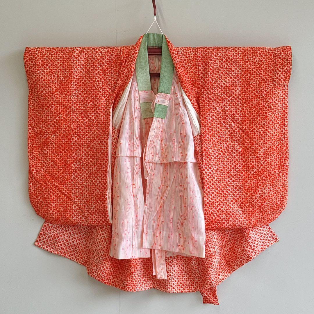 七五三　３歳　女の子　きものフルセット　中古品　オレンジ総絞り