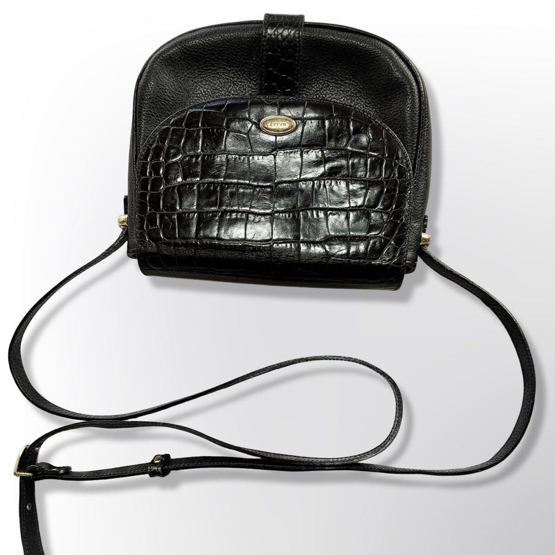 BALLY ショルダーバッグ　クロコダイル　ブラック　ゴールド金具　レザー