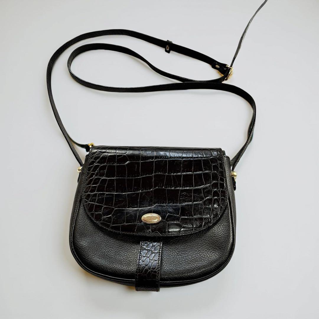 BALLY ショルダーバッグ　クロコダイル　ブラック　ゴールド金具　レザー