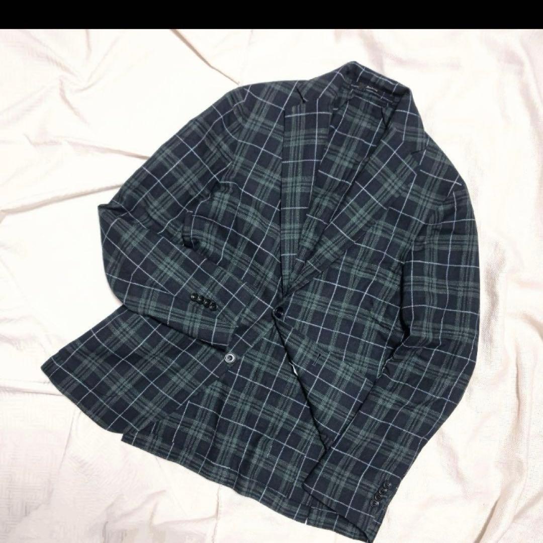 サルトリオSartorioコットンシルクウールチェックテーラードジャケット46紺
