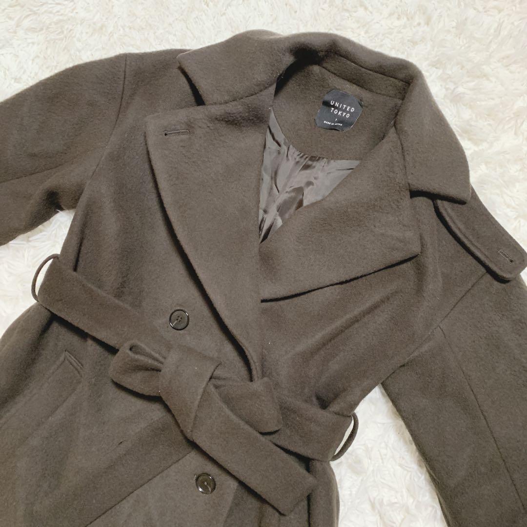 ユナイテッドトウキョウ　ロングコート　日本製　ウール混　ベルト付　ビッグカラー茶