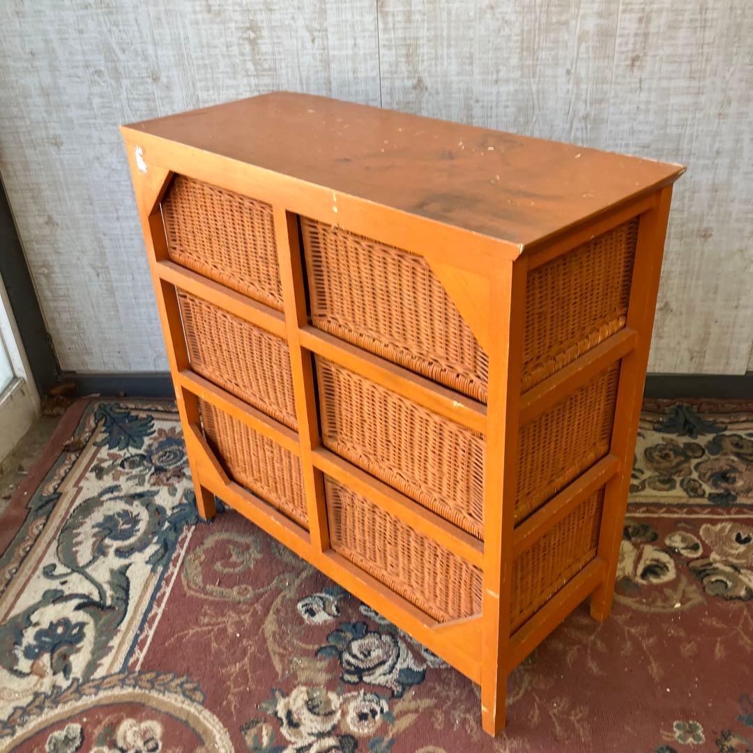北欧レトロ ラタンチェスト 3段6杯収納ラック 引き出しタンス 箪笥