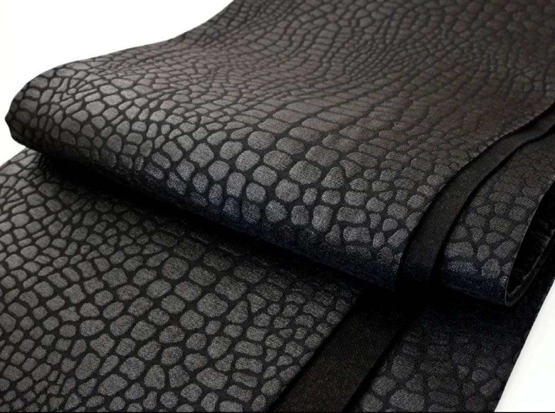 お仕立て上がり 振袖用 クロコ風 型押し柄 袋帯 日本製 ブラック　黒