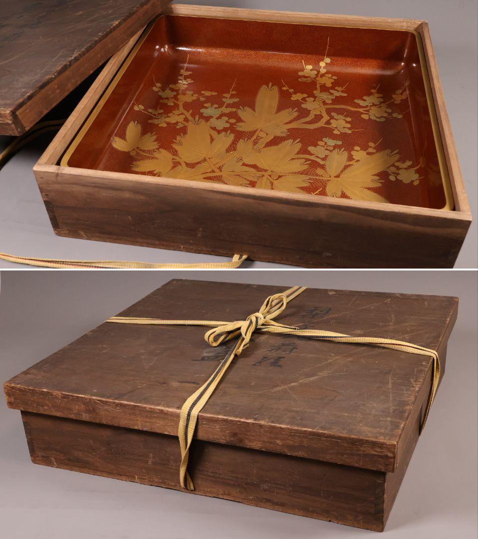 【MA797】時代木製漆器 梨子地 松梅・桔梗唐草 金蒔絵 呉服蓋 広蓋 広盆