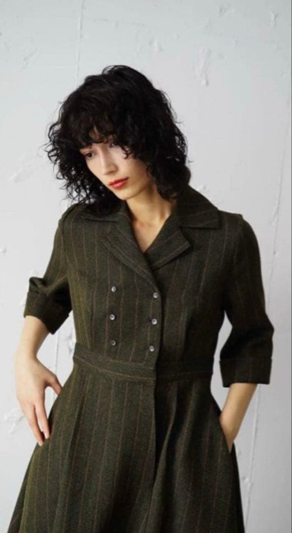 美品foufou フーフー オープンカラーヘリンボーンワンピース1