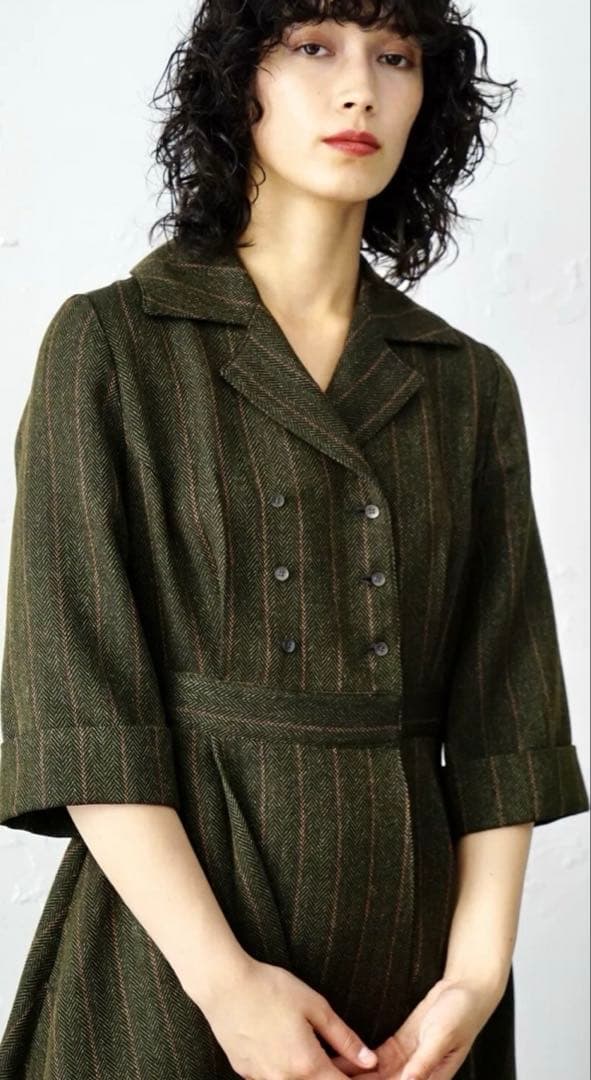 美品foufou フーフー オープンカラーヘリンボーンワンピース1