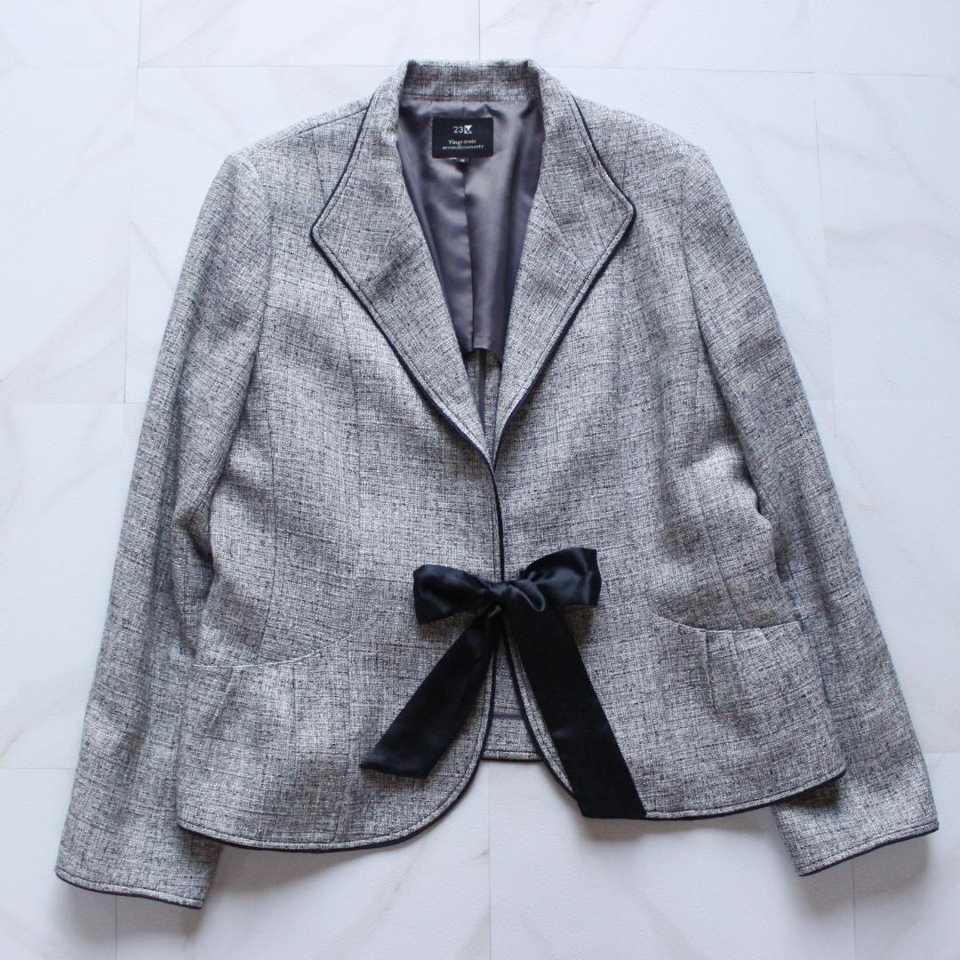 【大きいサイズ】23区 セットアップ 48 スカート ツイード リボン グレー