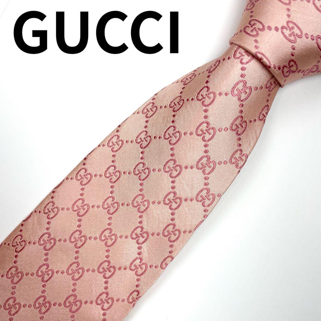 グッチ　ネクタイ　GG柄　GGチェーン　グッチシマ　総柄　光沢　高級感　ピンク