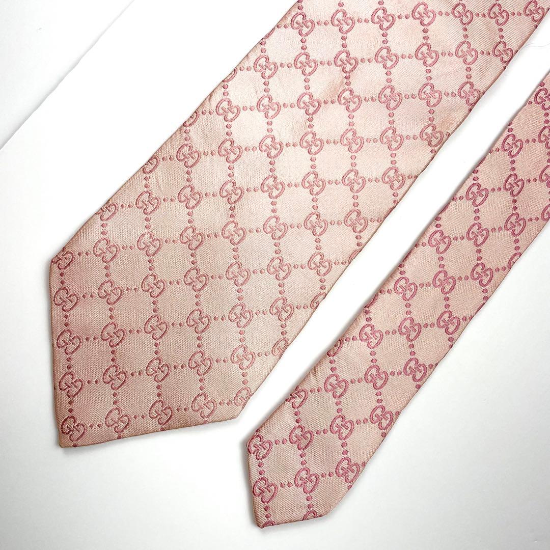 グッチ　ネクタイ　GG柄　GGチェーン　グッチシマ　総柄　光沢　高級感　ピンク