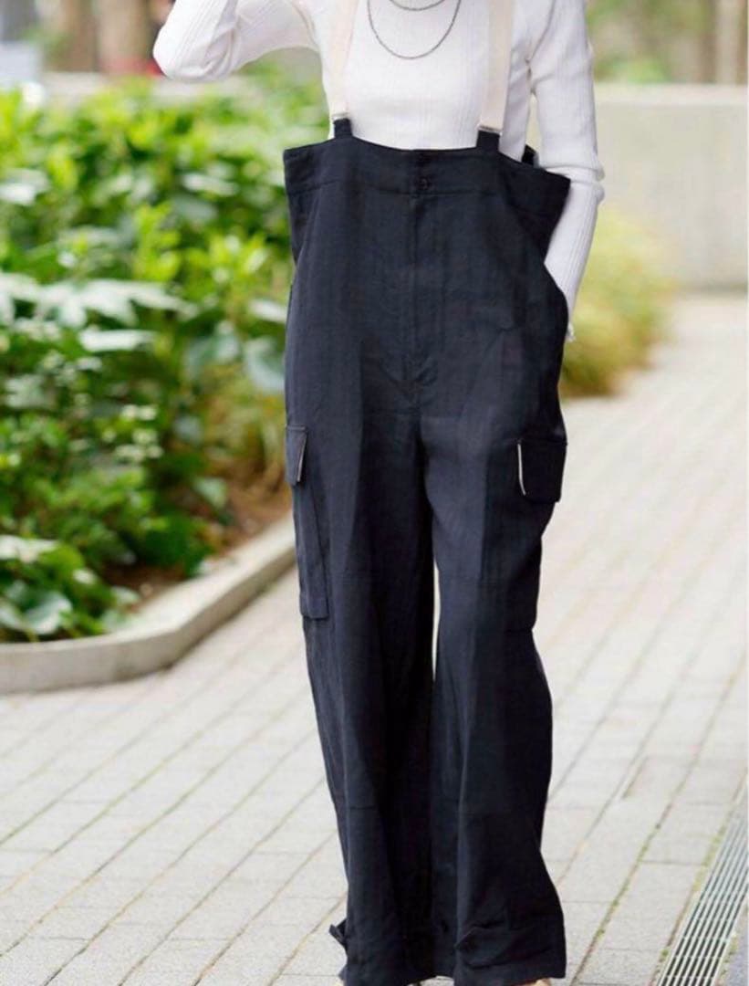 【IENA LA BOUCLE】リネンコットンヘリンボン サスペンダーパンツ