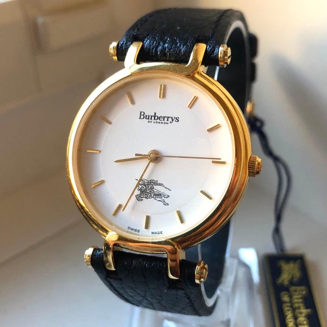 【極美品】Burberrys ゴールド ホワイト 電池新品　レザーベルト 時計