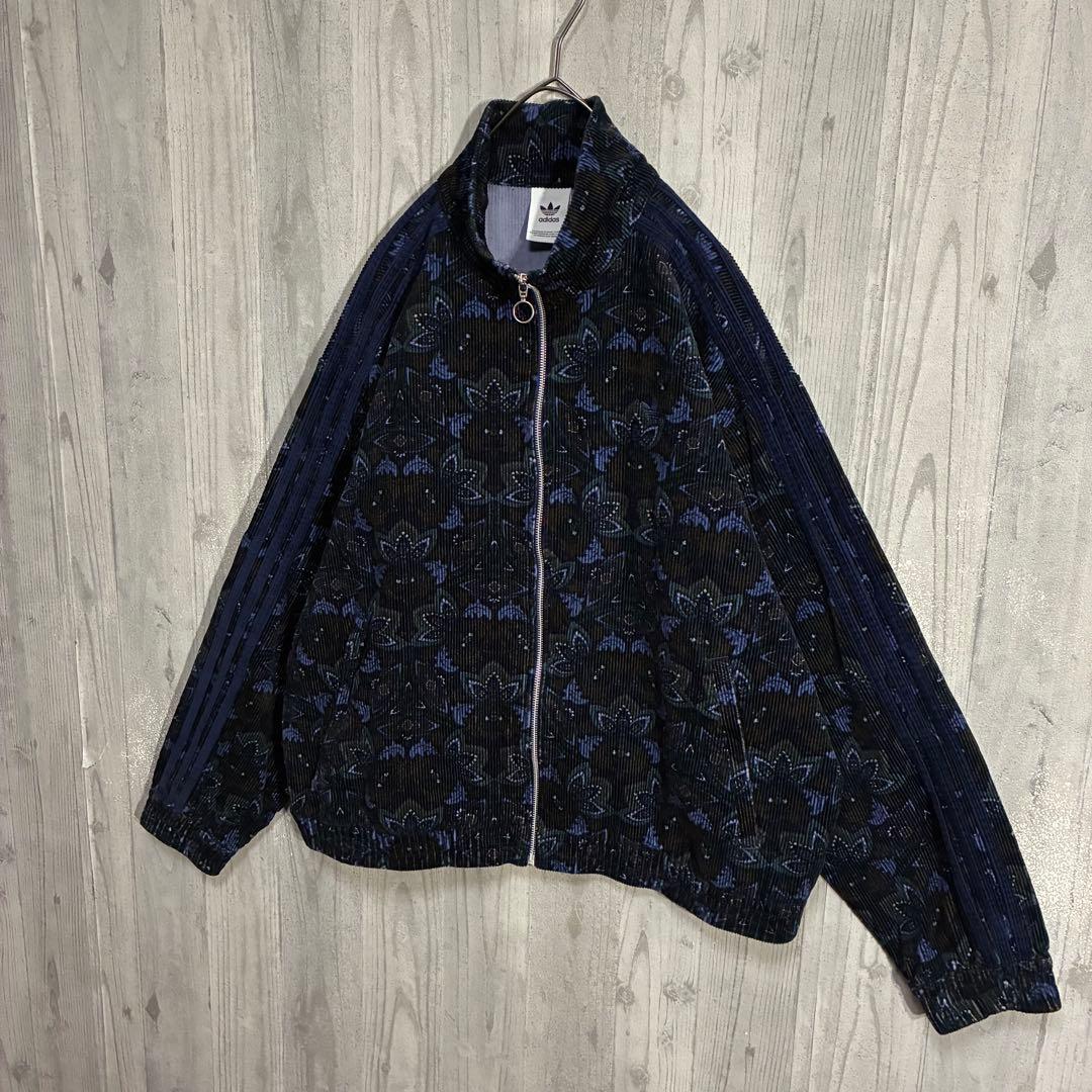 【希少デザイン】アディダス　刺繍ロゴ入　総柄コーデュロイトラックジャケット　XL