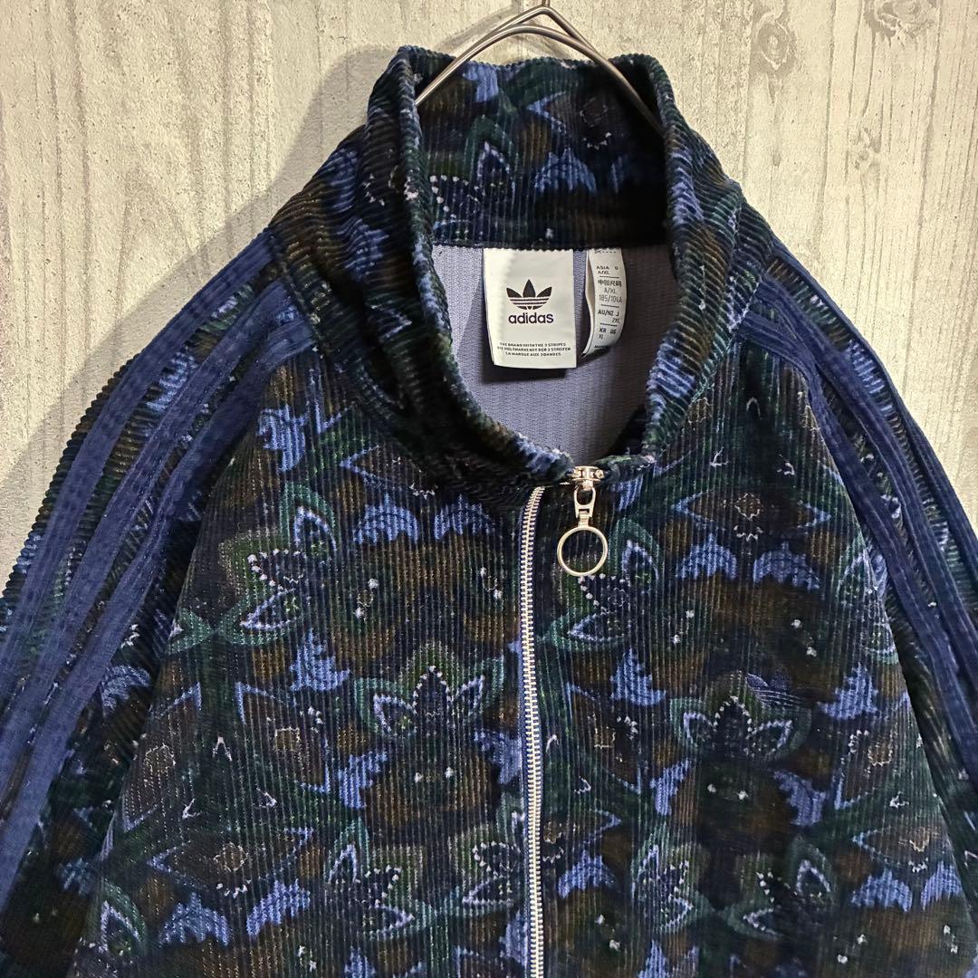 【希少デザイン】アディダス　刺繍ロゴ入　総柄コーデュロイトラックジャケット　XL