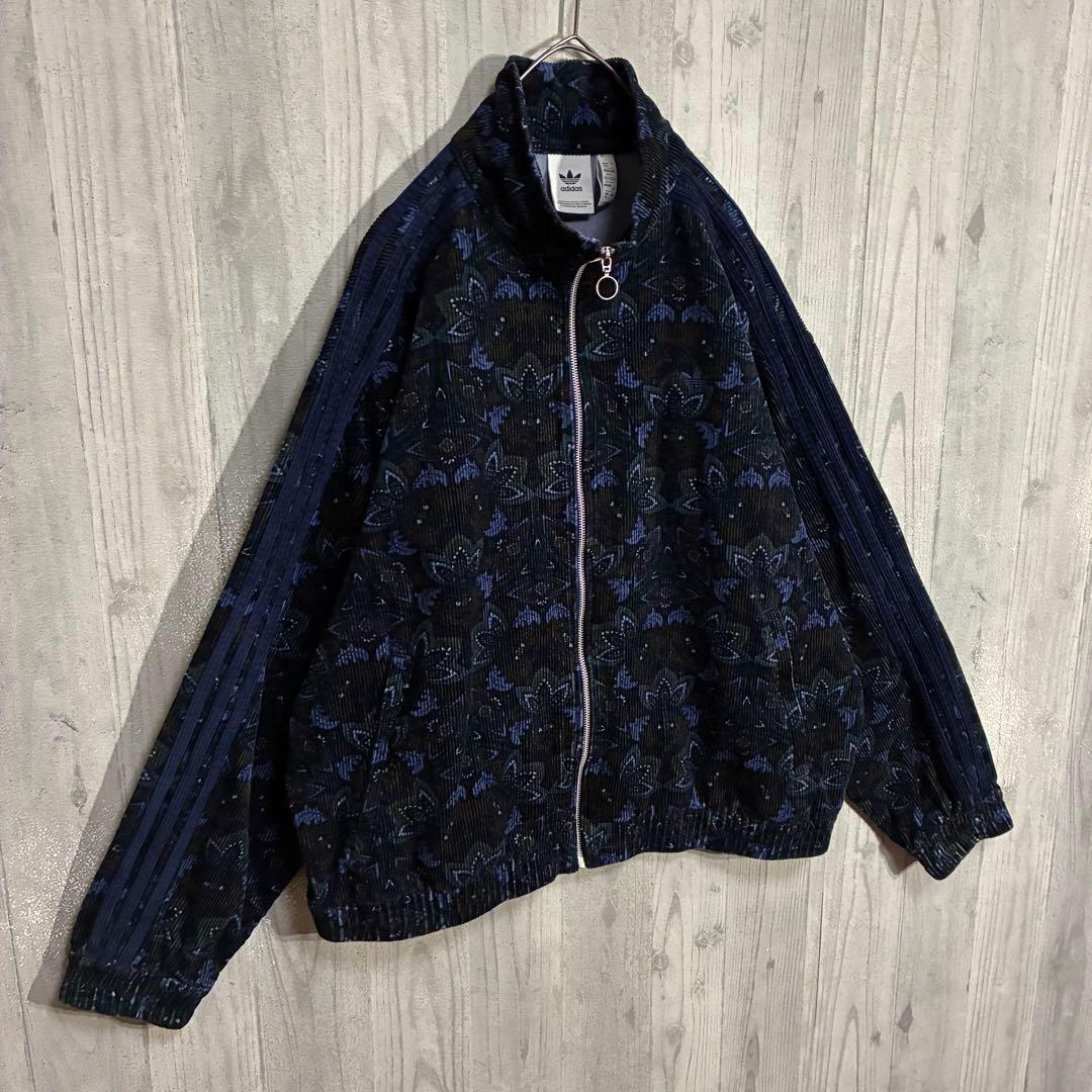 【希少デザイン】アディダス　刺繍ロゴ入　総柄コーデュロイトラックジャケット　XL