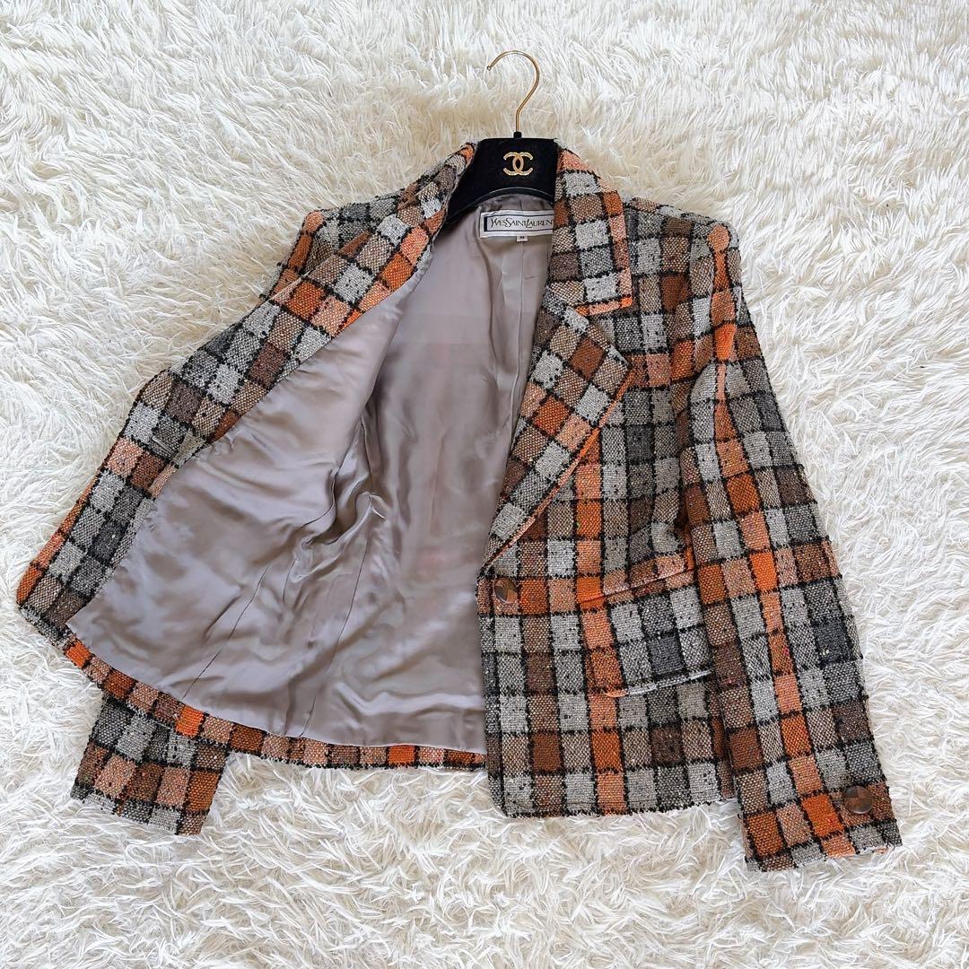 希少✨美品【イヴサンローラン】ツイードジャケット ブロックチェック オレンジM