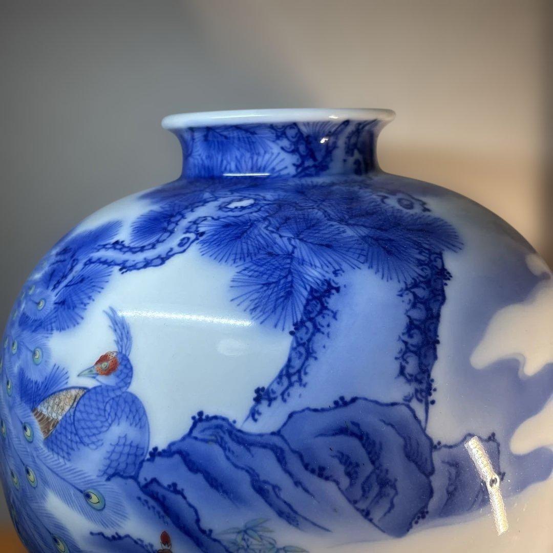 希少 美品 香蘭社 色絵孔雀山水文大花瓶　壺 34cm