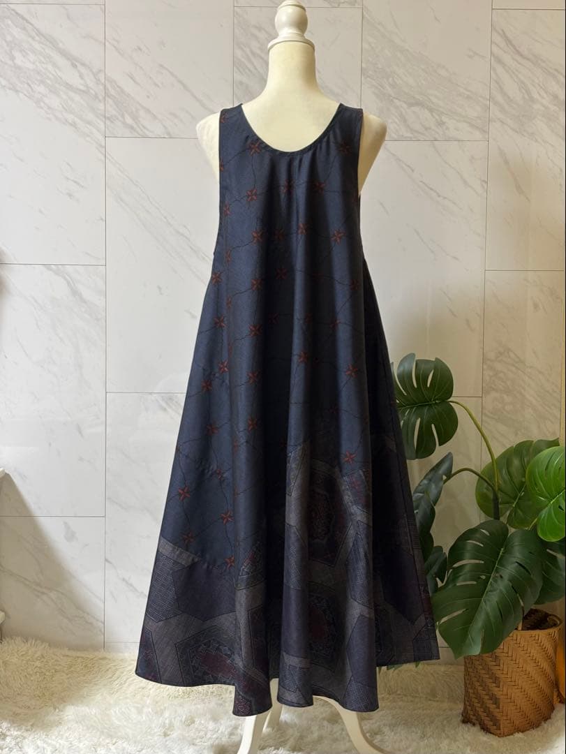 2-17大島紬リメイク　大島紬ロングワンピース　大島紬ジャンパースカート