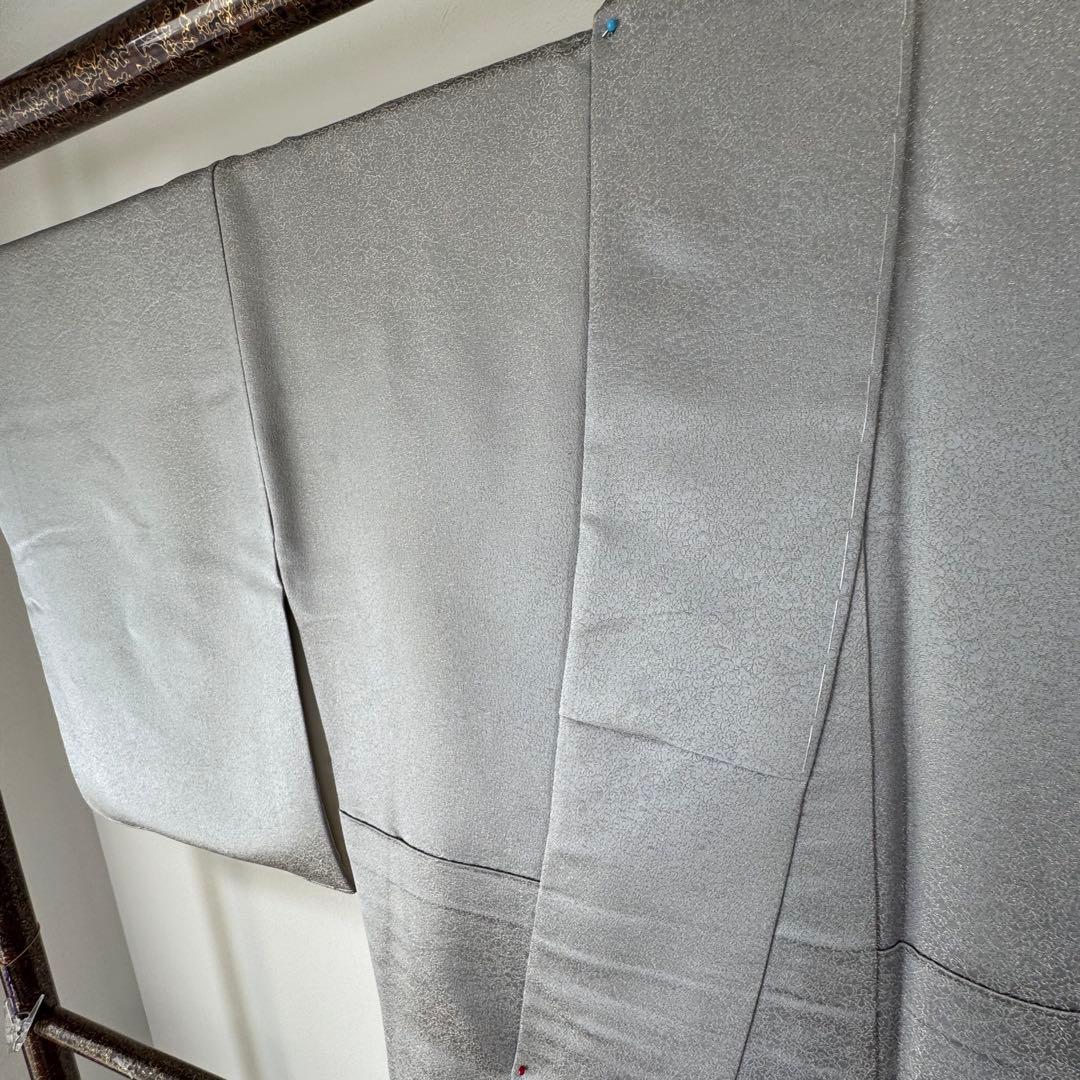 しつけ付　着物　正絹　袷　お召　色無地　163 久保田一竹工房　金通し　シルバー