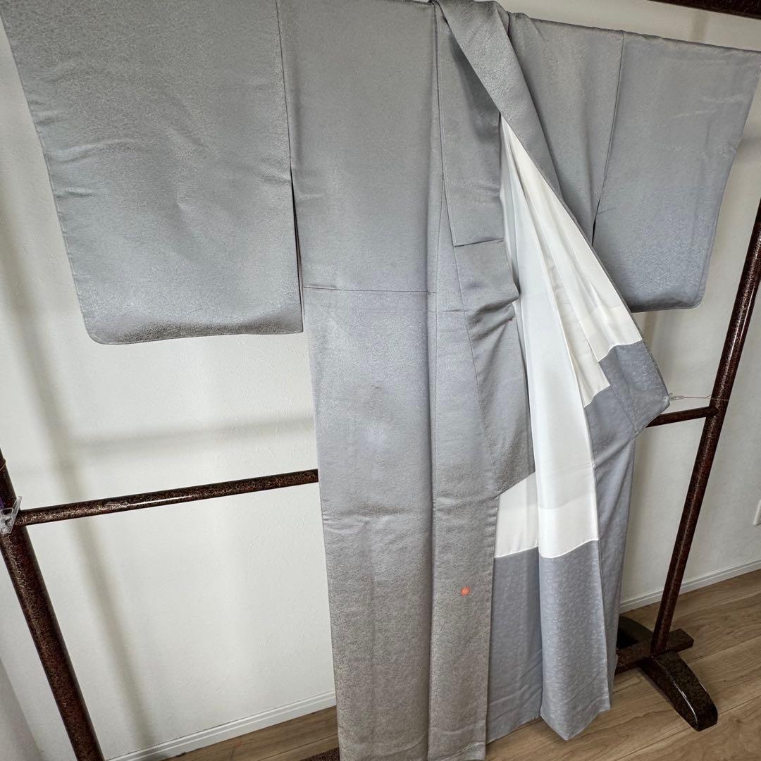 しつけ付　着物　正絹　袷　お召　色無地　163 久保田一竹工房　金通し　シルバー