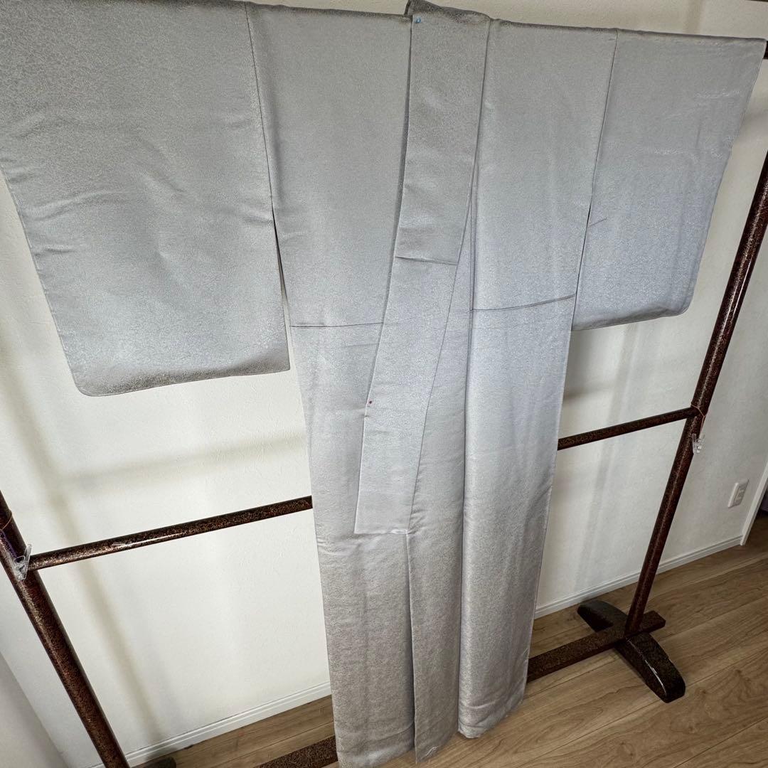 しつけ付　着物　正絹　袷　お召　色無地　163 久保田一竹工房　金通し　シルバー
