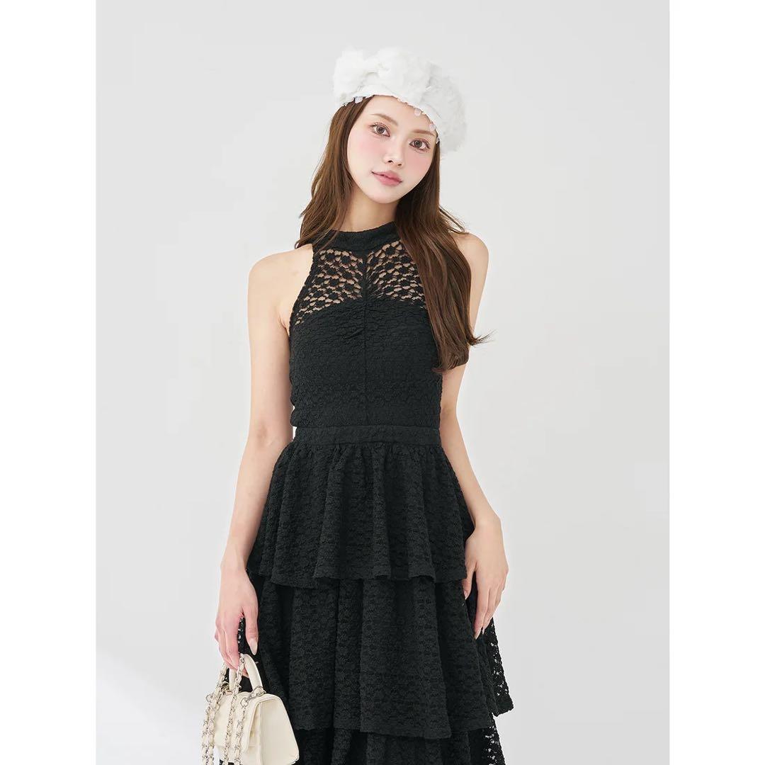 新品タグ付き ダーリッチ バックリボンフラワーレースティアードロングドレス 黒